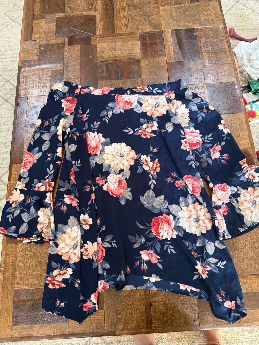 Altar'd State Navy Floral Off-Shoulder Top with Coral Accents